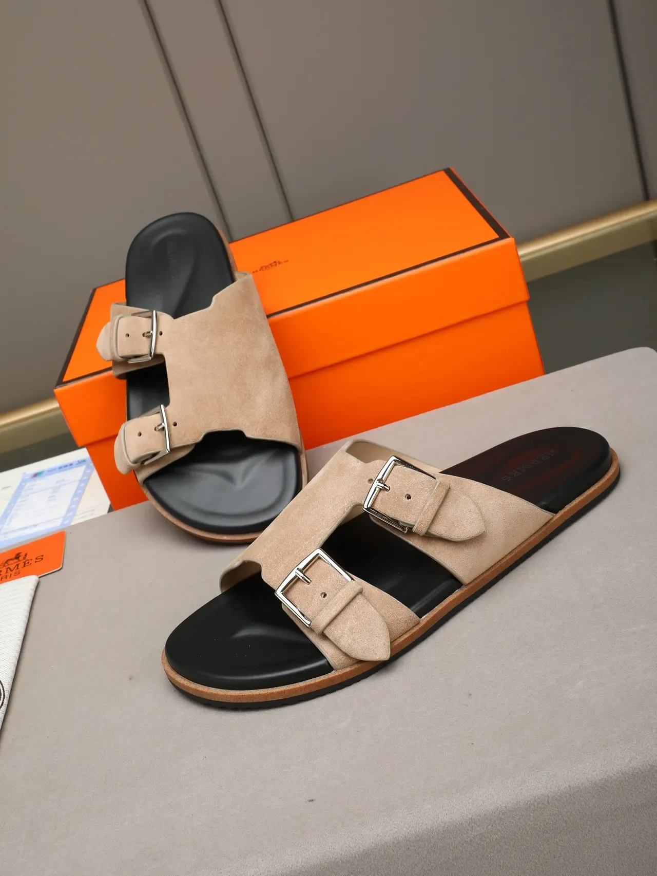 Hermès Oran Double Strap Suede Slide Casual Sandals 7