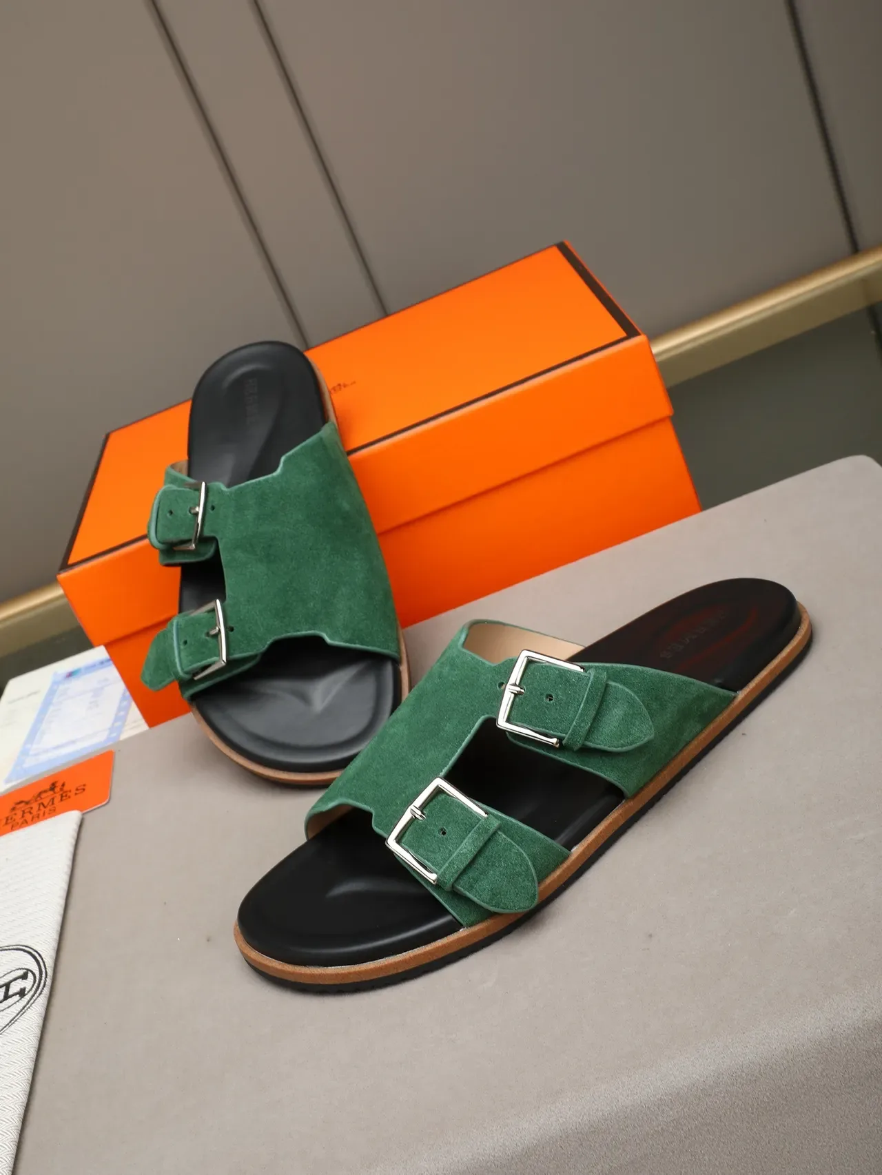 Hermès Oran Double Strap Suede Slide Casual Sandals 9