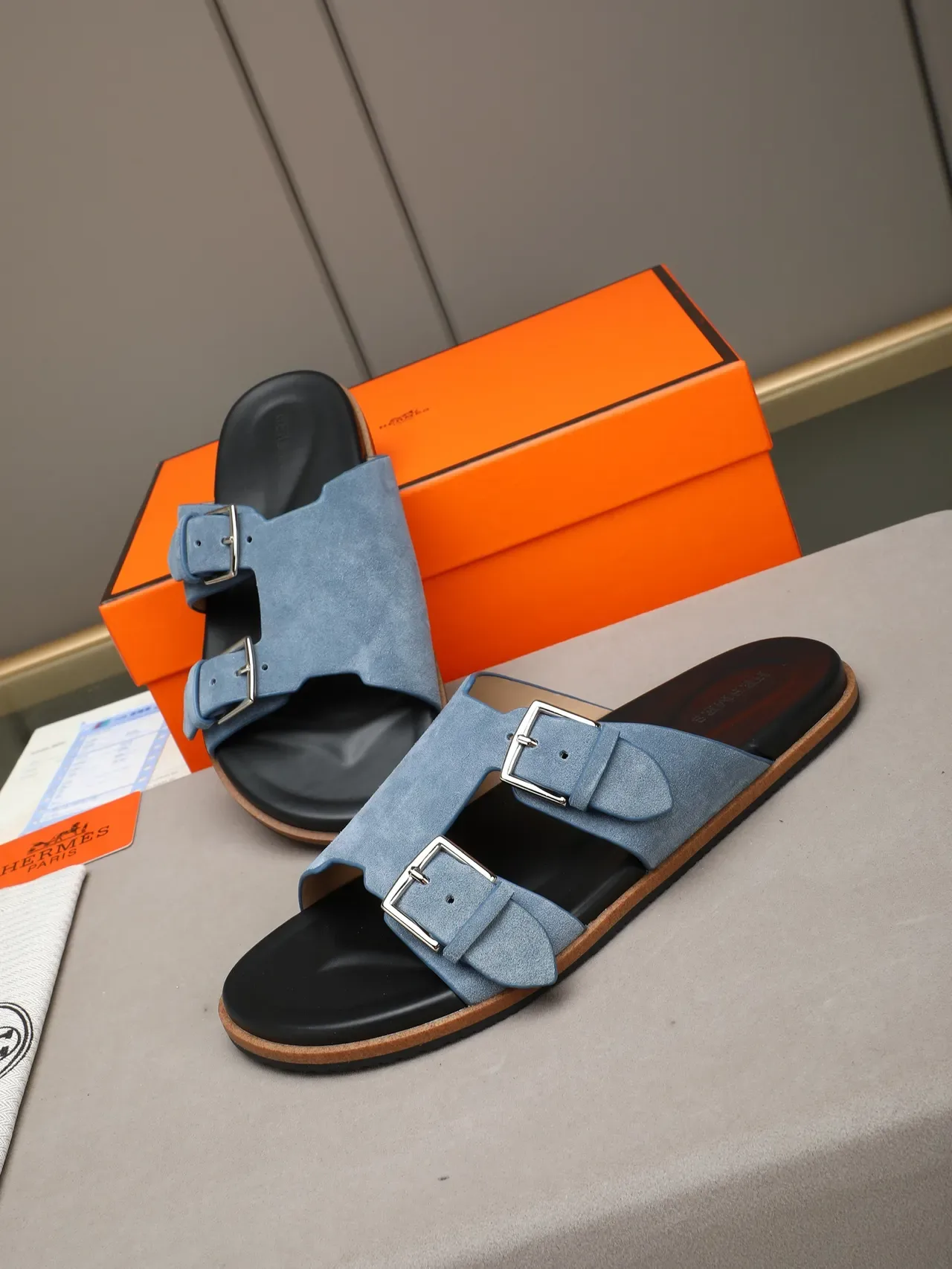 Hermès Oran Double Strap Suede Slide Casual Sandals 13