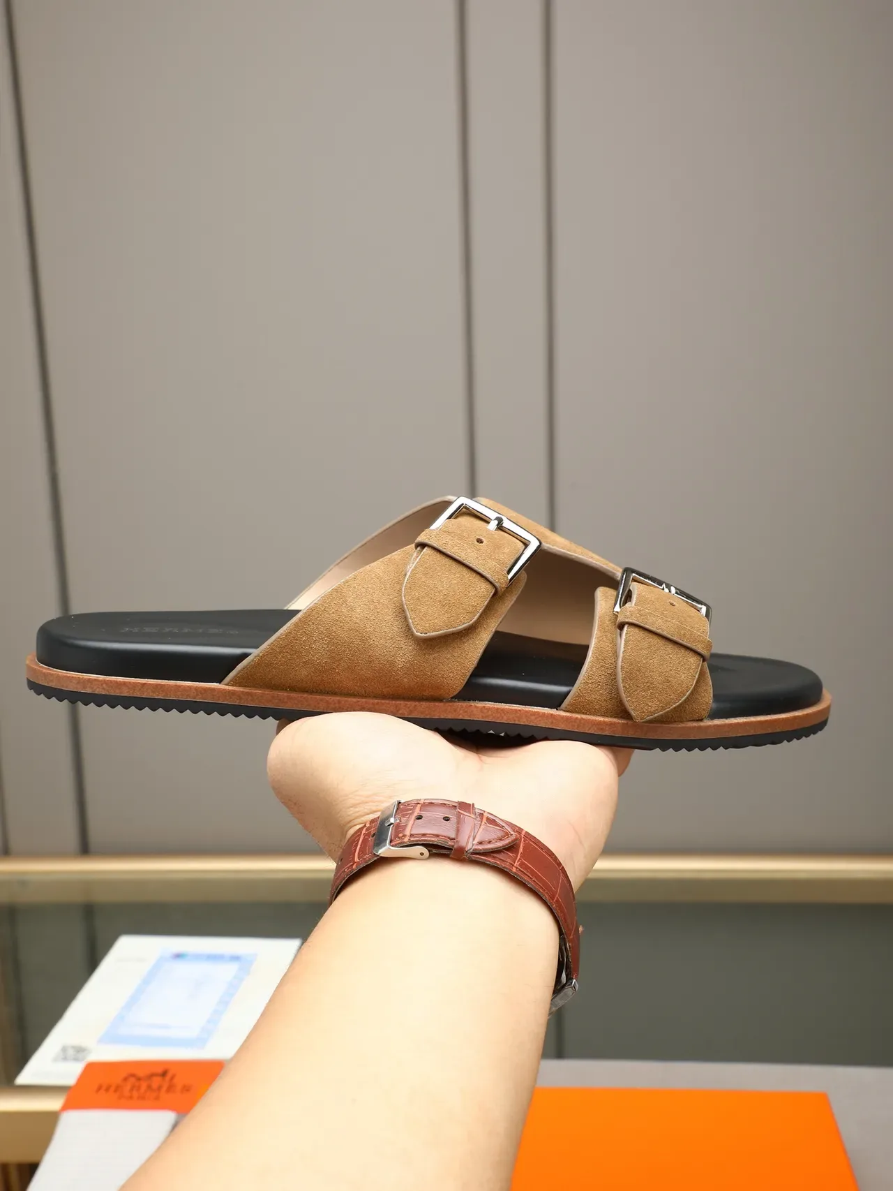 Hermès Oran Double Strap Suede Slide Casual Sandals 15