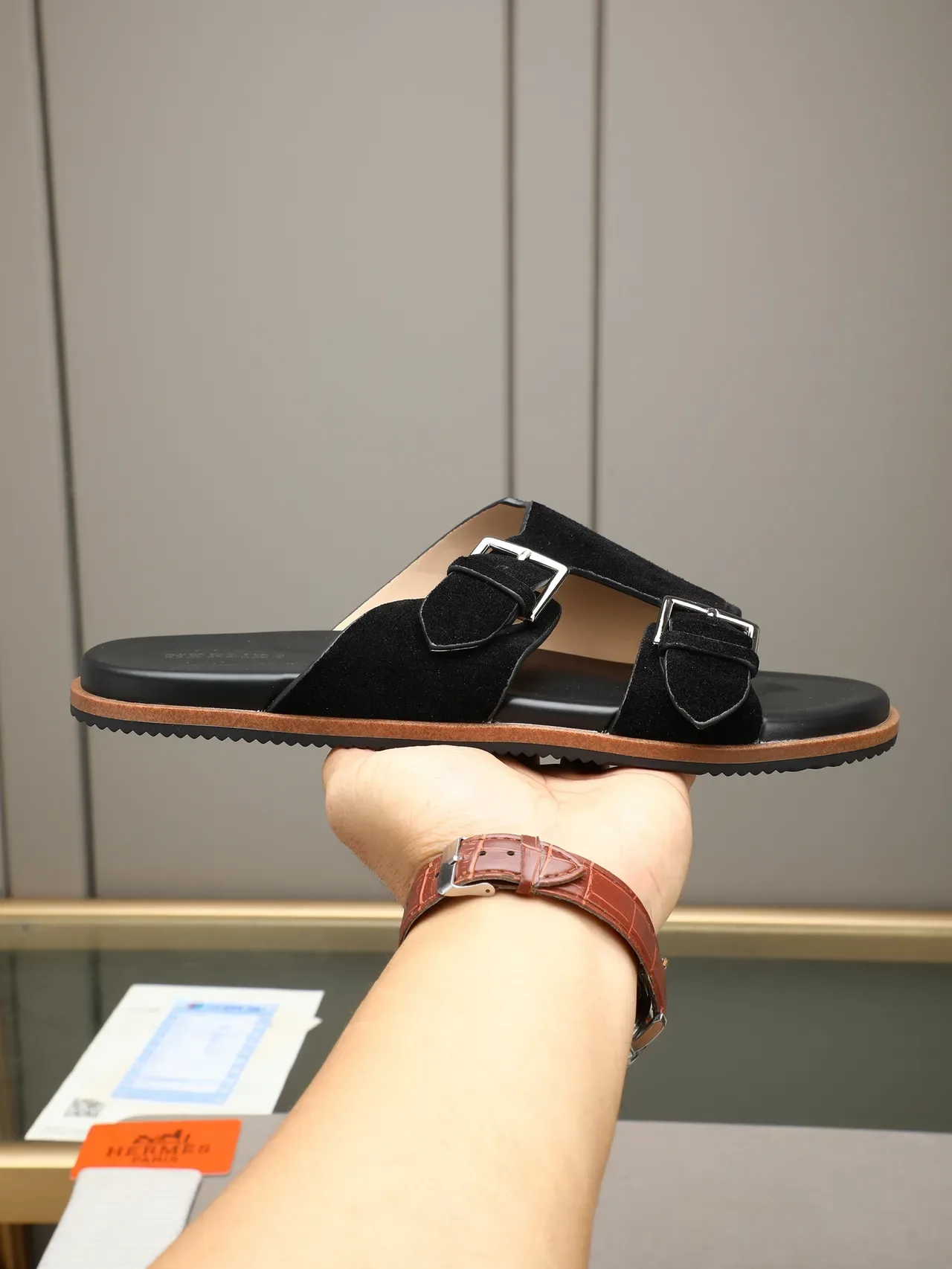 Hermès Oran Double Strap Suede Slide Casual Sandals 18