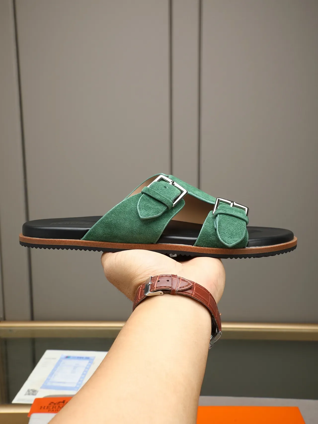 Hermès Oran Double Strap Suede Slide Casual Sandals 19
