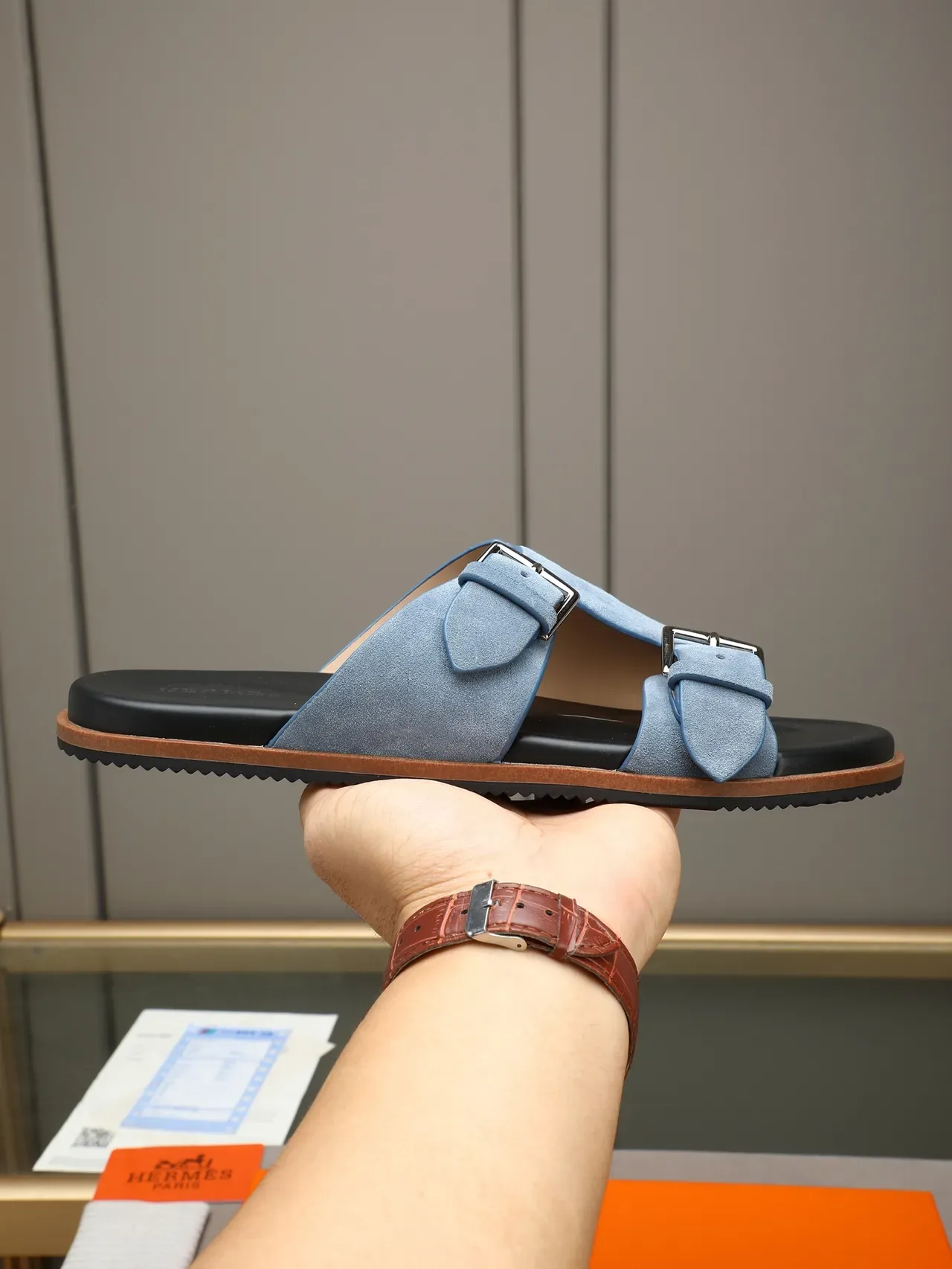 Hermès Oran Double Strap Suede Slide Casual Sandals 23
