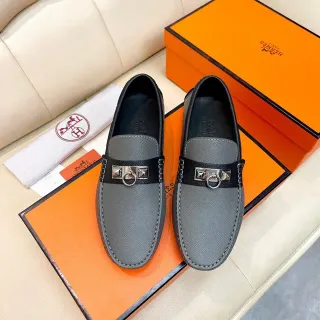 Hermès Oran Gray Black Epsom Leather Strap Loafer