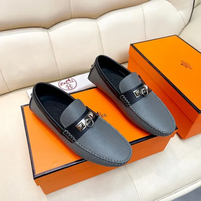 Hermès Oran Gray Black Epsom Leather Strap Loafer 6