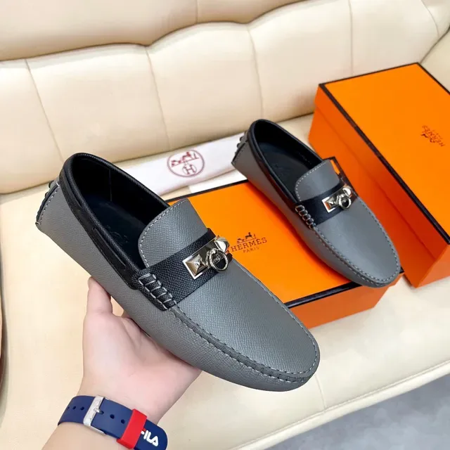 Hermès Oran Gray Black Epsom Leather Strap Loafer 7
