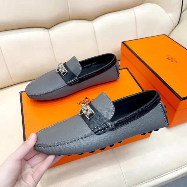 Hermès Oran Gray Black Epsom Leather Strap Loafer 8