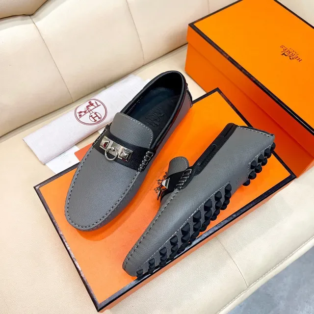 Hermès Oran Gray Black Epsom Leather Strap Loafer 9