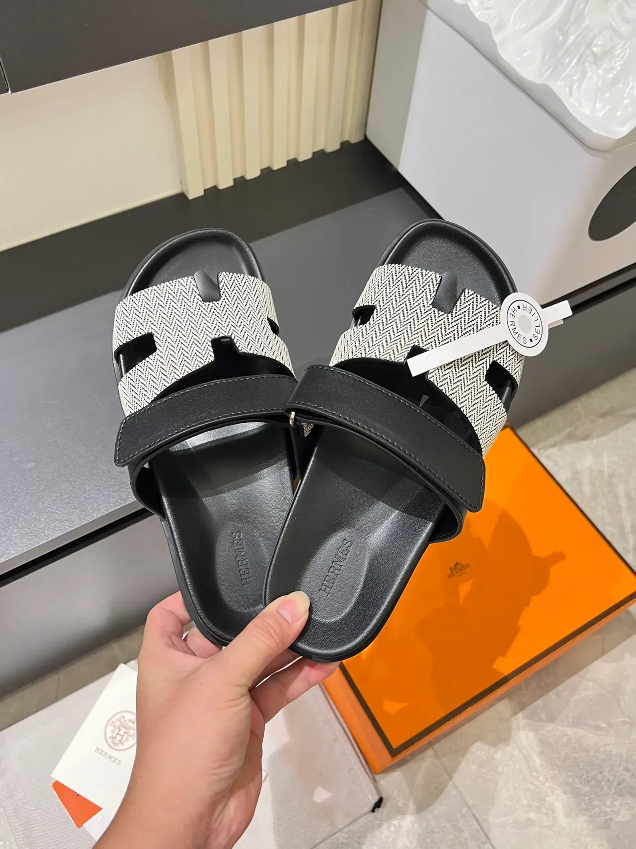 Hermès Oran Herringbone Strap Slippers 12