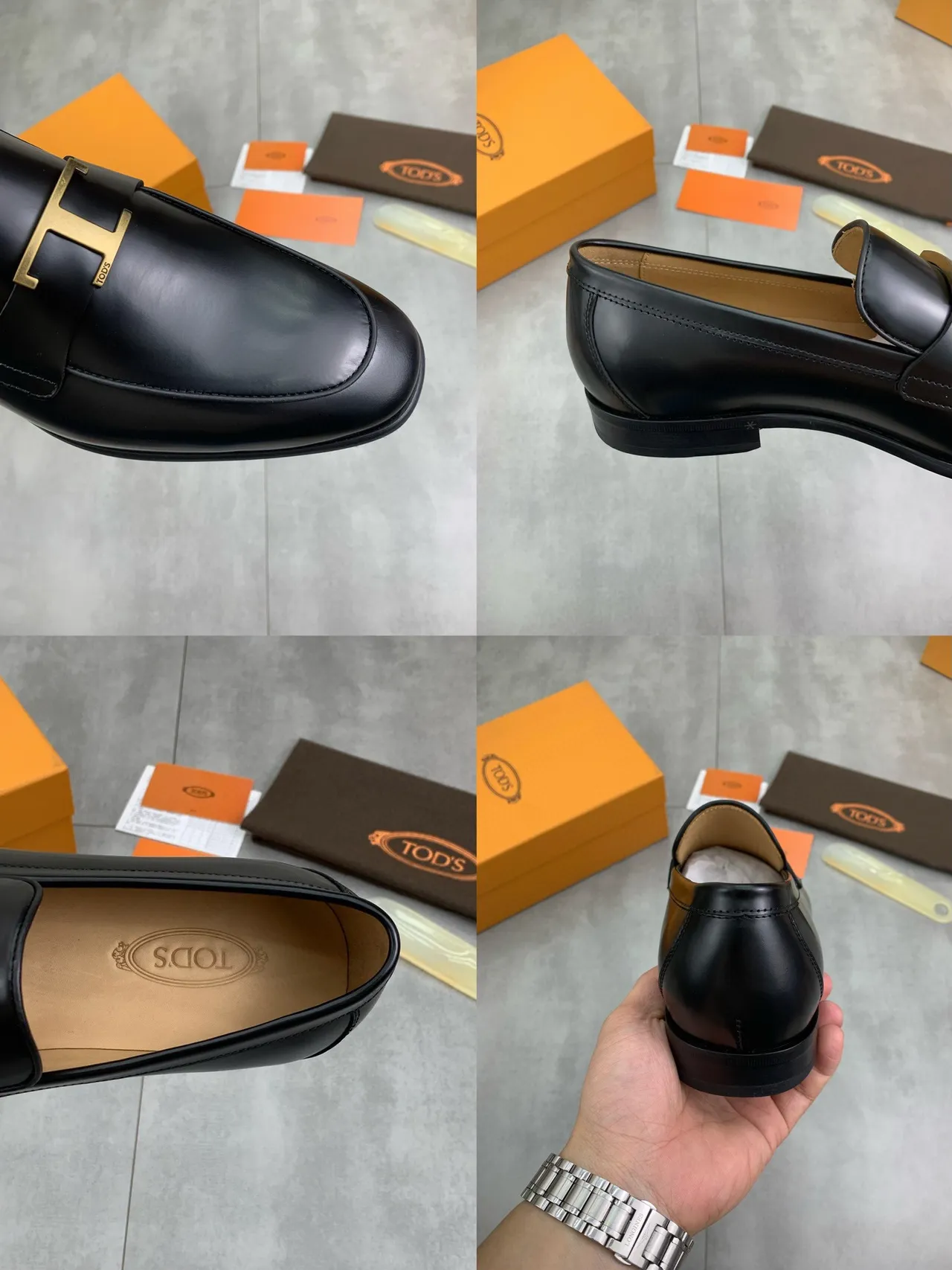 Hermès Oran Mocassim Couro preto polido fivela dourada H Mocassins 2