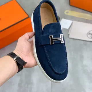 Hermès Oran Navy White Ante H-Buckle Strap Loafers
