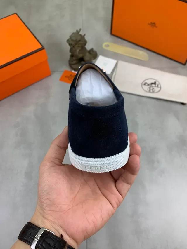 Hermès Oran Navy White Suede H-Buckle Strap Loafer 3