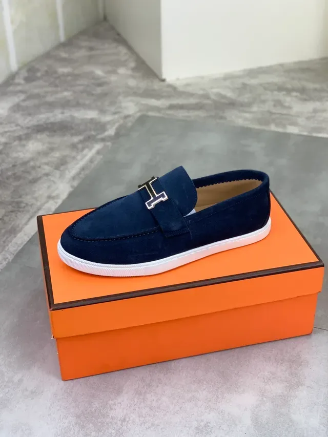 Hermès Oran Navy White Suede H-Buckle Strap Loafer 4