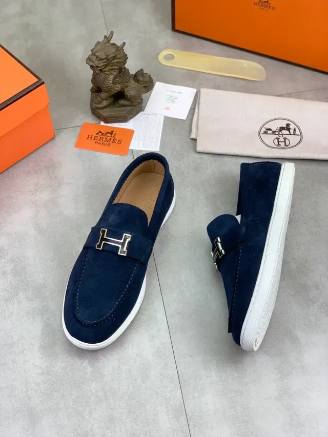 Hermès Oran Navy White Suede H-Buckle Strap Loafer 5