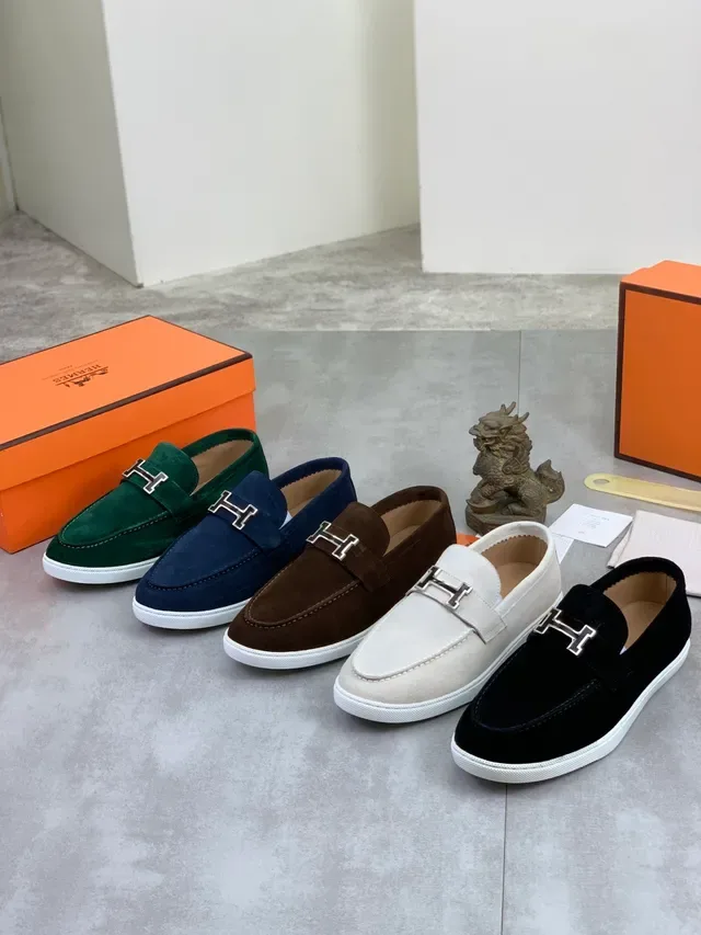 Hermès Oran Navy White Suede H-Buckle Strap Loafer 6
