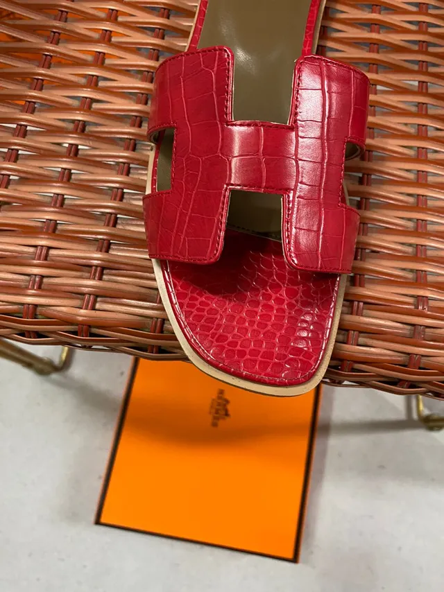 Hermès Oran Red Crocodile-Embossed Leather Slippers 6