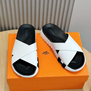 Hermès Oran White and Black Cross-Strap Slippers