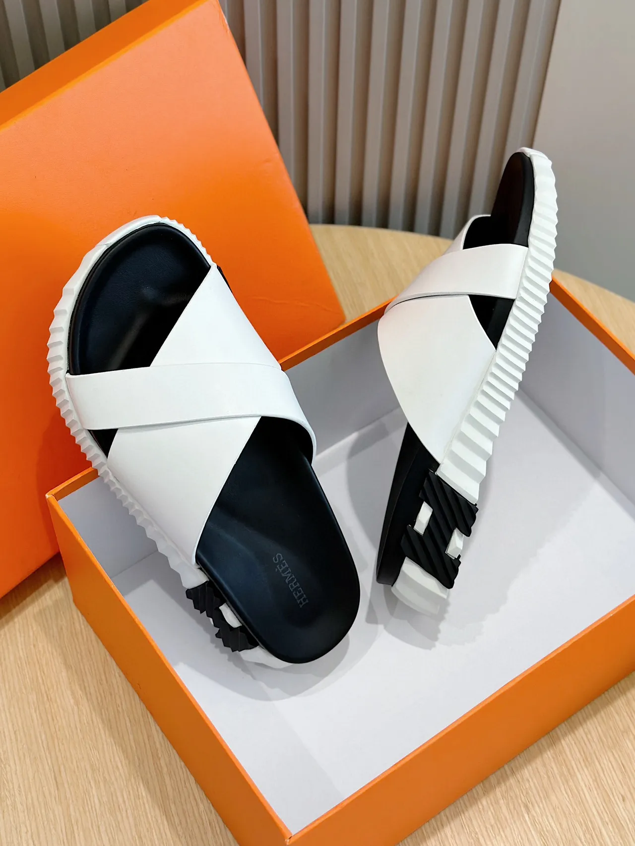 Hermès Oran White and Black Cross-Strap Slippers 9
