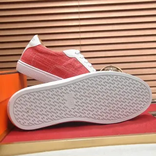 Hermès Red and White Textured Canvas Low-Top Lace-Up Lifestyle Sneakers