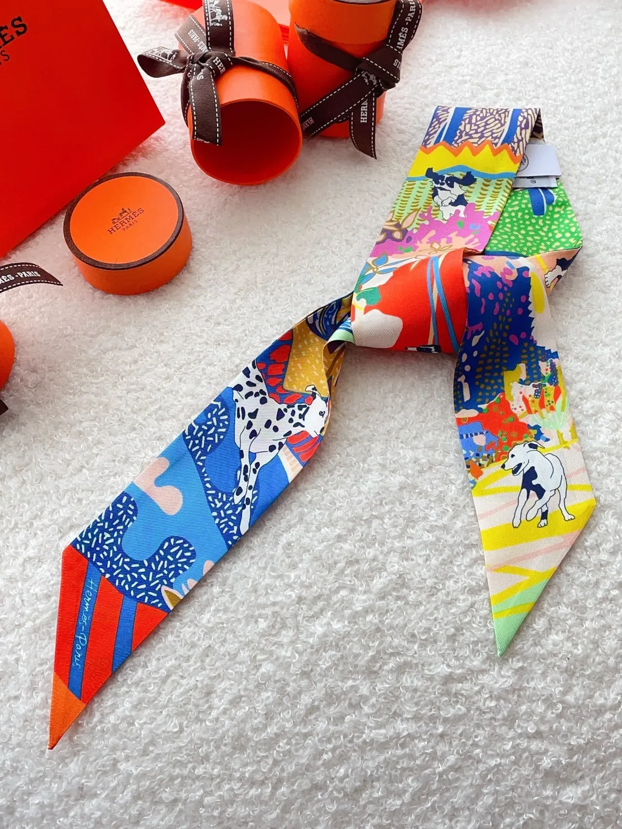 Hermès Twilly Multicolor Narrow Printed Ribbon Vibrant Illustration Silk Scarf 2