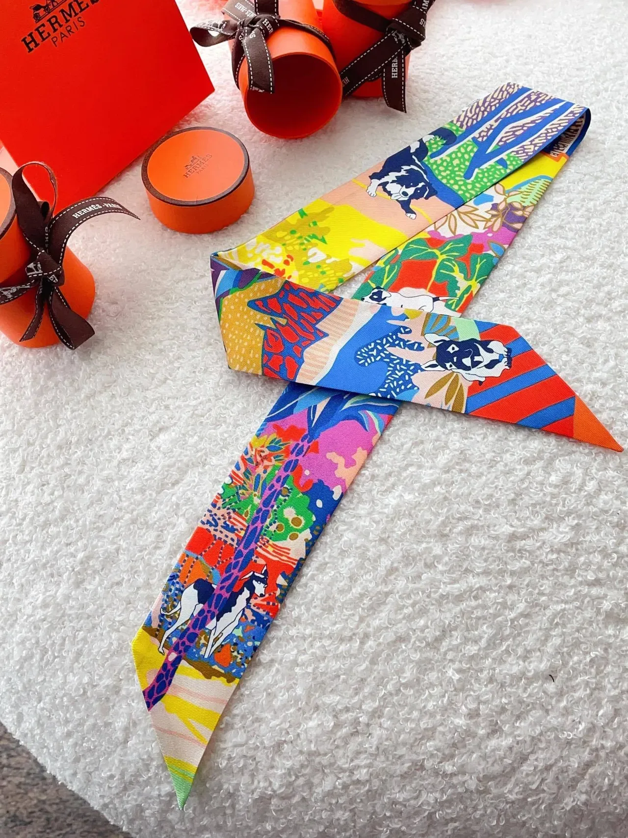 Hermès Twilly Multicolor Narrow Printed Ribbon Vibrant Illustration Silk Scarf 5