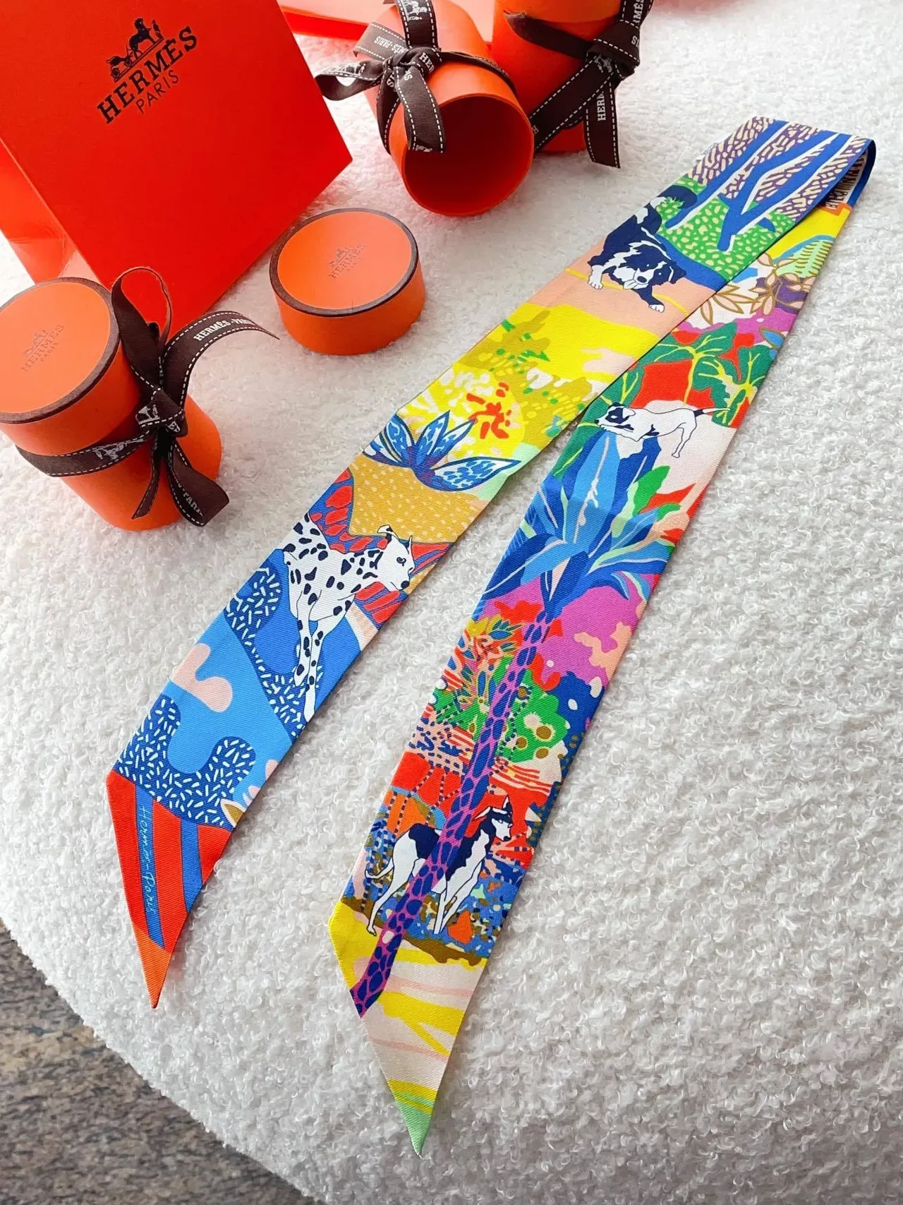 Hermès Twilly Multicolor Narrow Printed Ribbon Vibrant Illustration Silk Scarf 6
