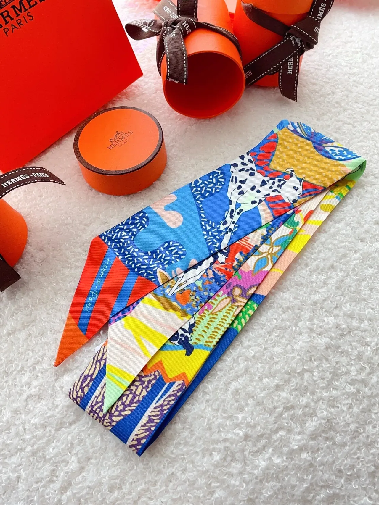 Hermès Twilly Multicolor Narrow Printed Ribbon Vibrant Illustration Silk Scarf 7