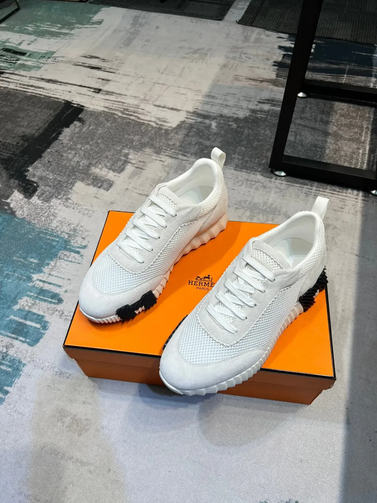 Hermès White Black Mesh-Suede Hybrid Upper Sculpted Ridged Midsole Sneakers 5
