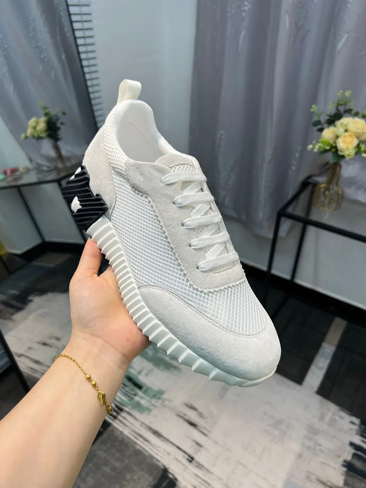 Hermès White Black Mesh-Suede Hybrid Upper Sculpted Ridged Midsole Sneakers 6
