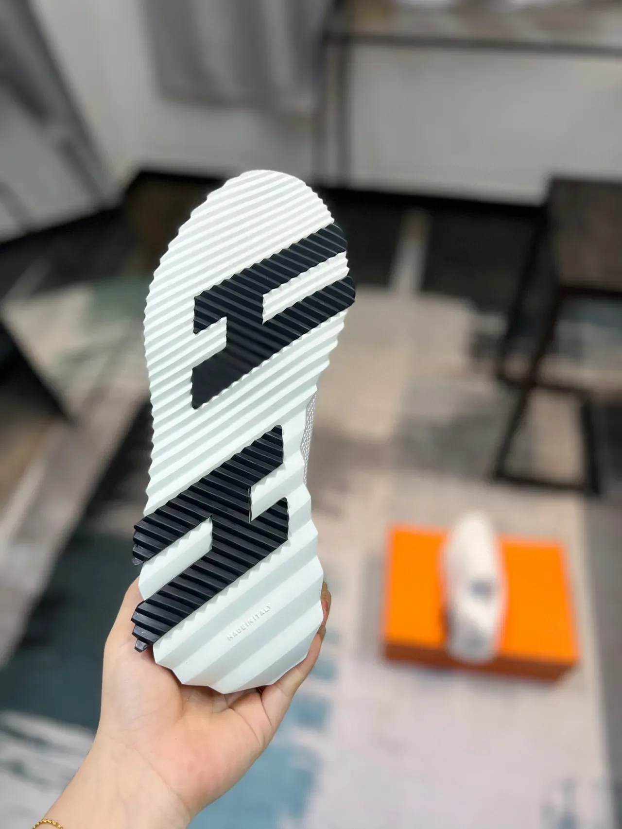Hermès White Black Mesh-Suede Hybrid Upper Sculpted Ridged Midsole Sneakers 9