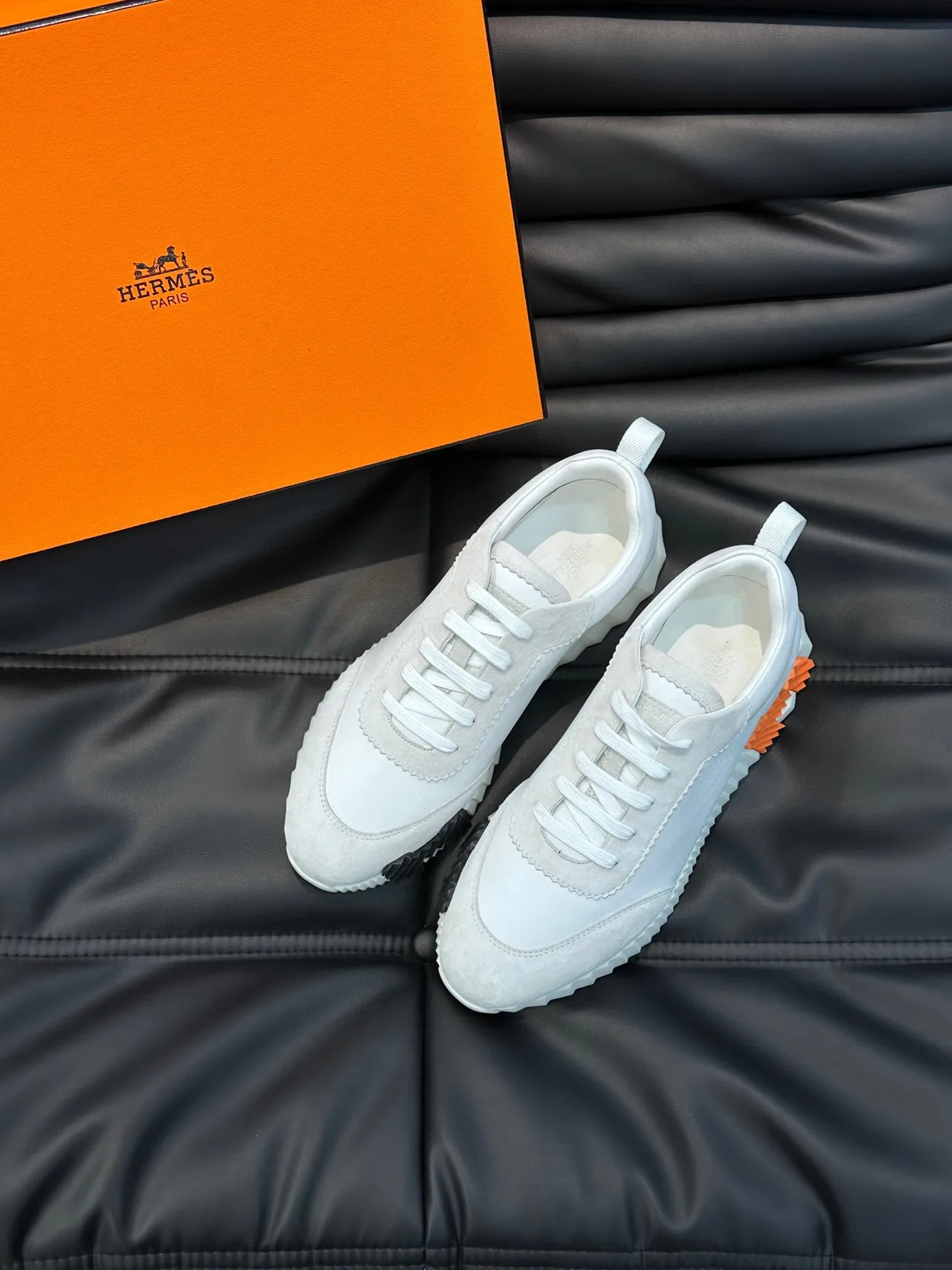 Hermès White Black Scalloped-Edge Panels Mixed Suede And Smooth Leather Lifestyle Sneakers 3