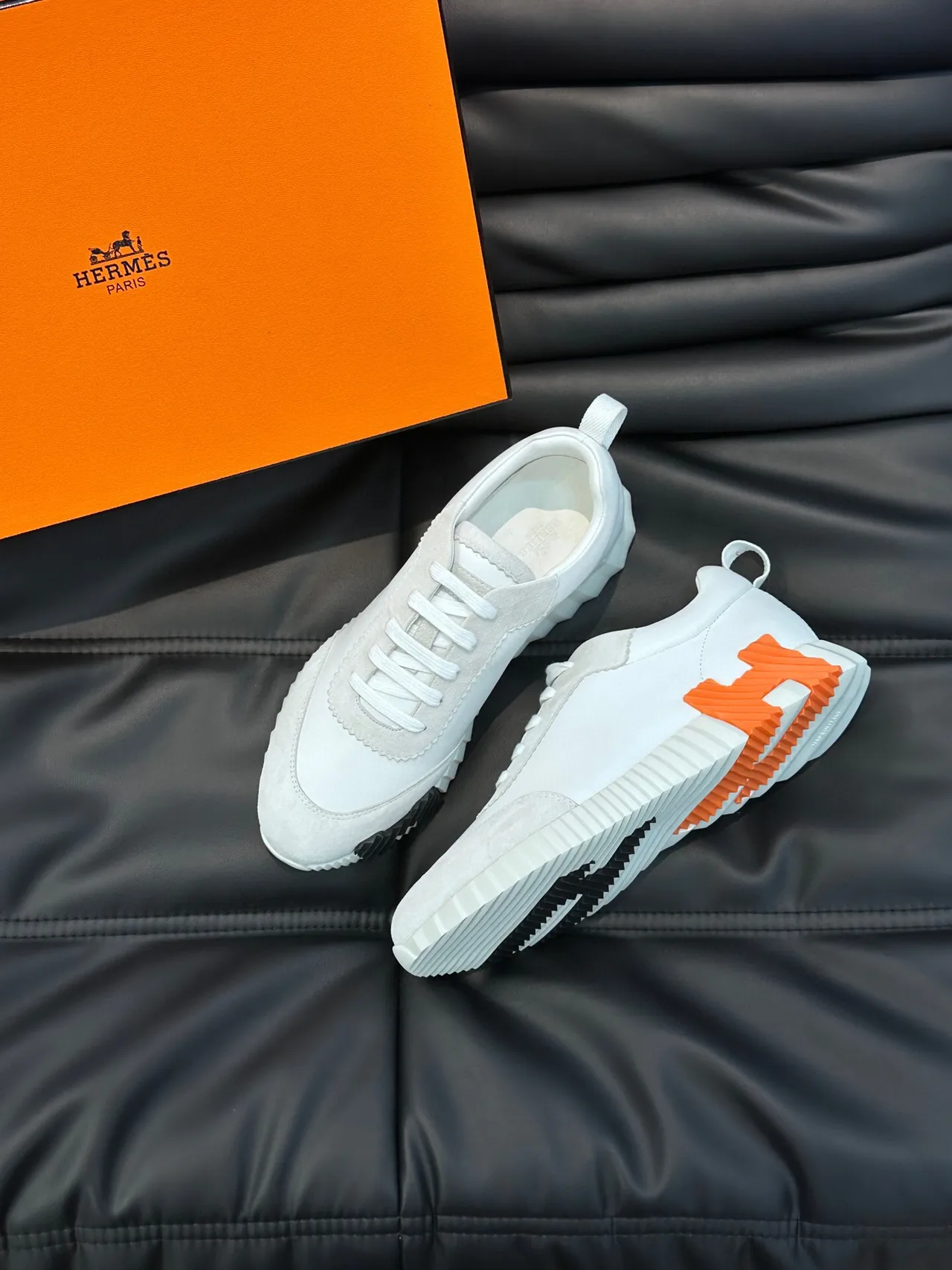 Hermès White Black Scalloped-Edge Panels Mixed Suede And Smooth Leather Lifestyle Sneakers 4