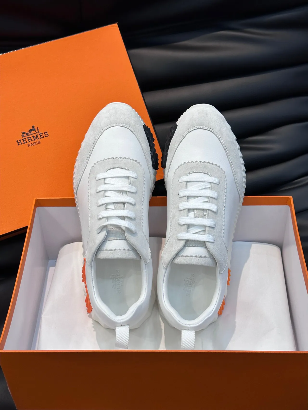 Hermès White Black Scalloped-Edge Panels Mixed Suede And Smooth Leather Lifestyle Sneakers 5