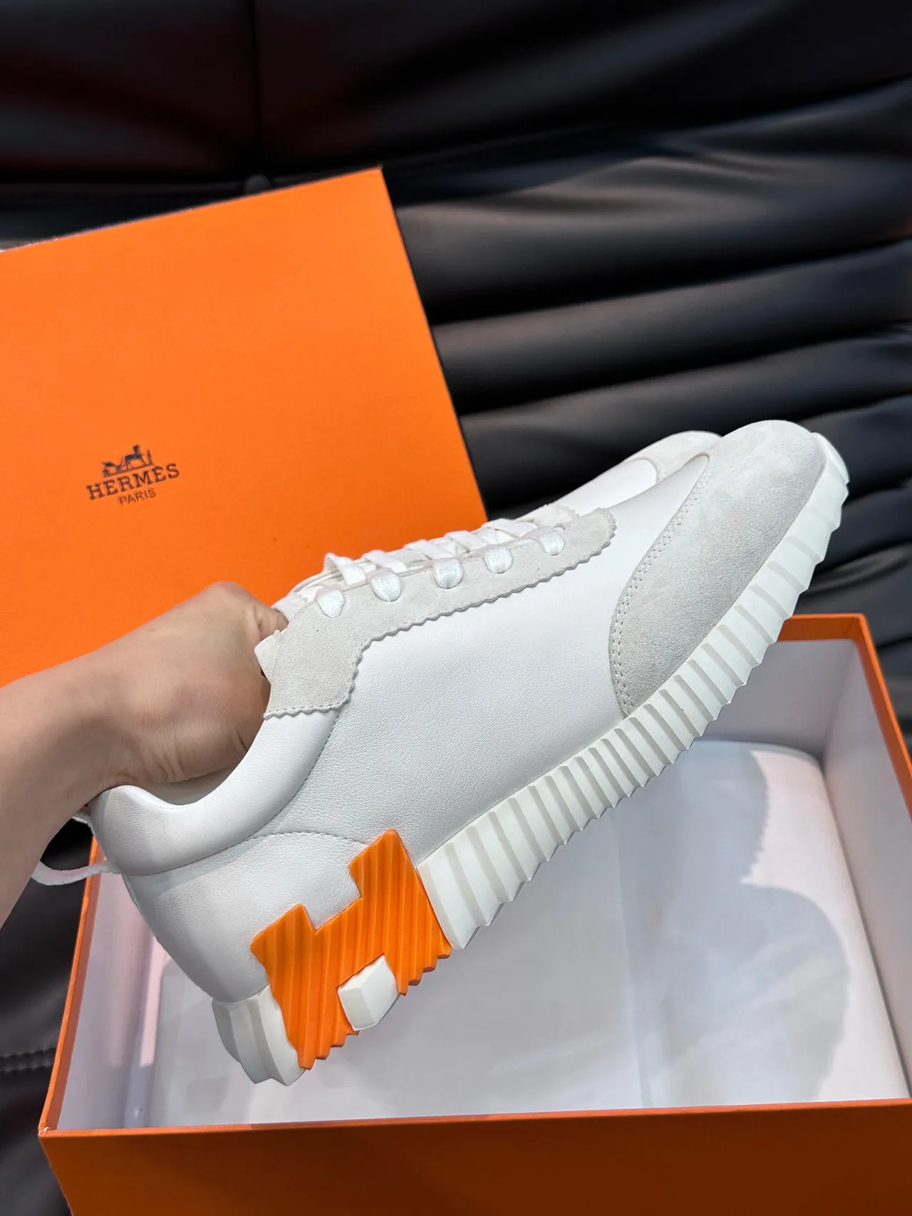 Hermès White Black Scalloped-Edge Panels Mixed Suede And Smooth Leather Lifestyle Sneakers 7