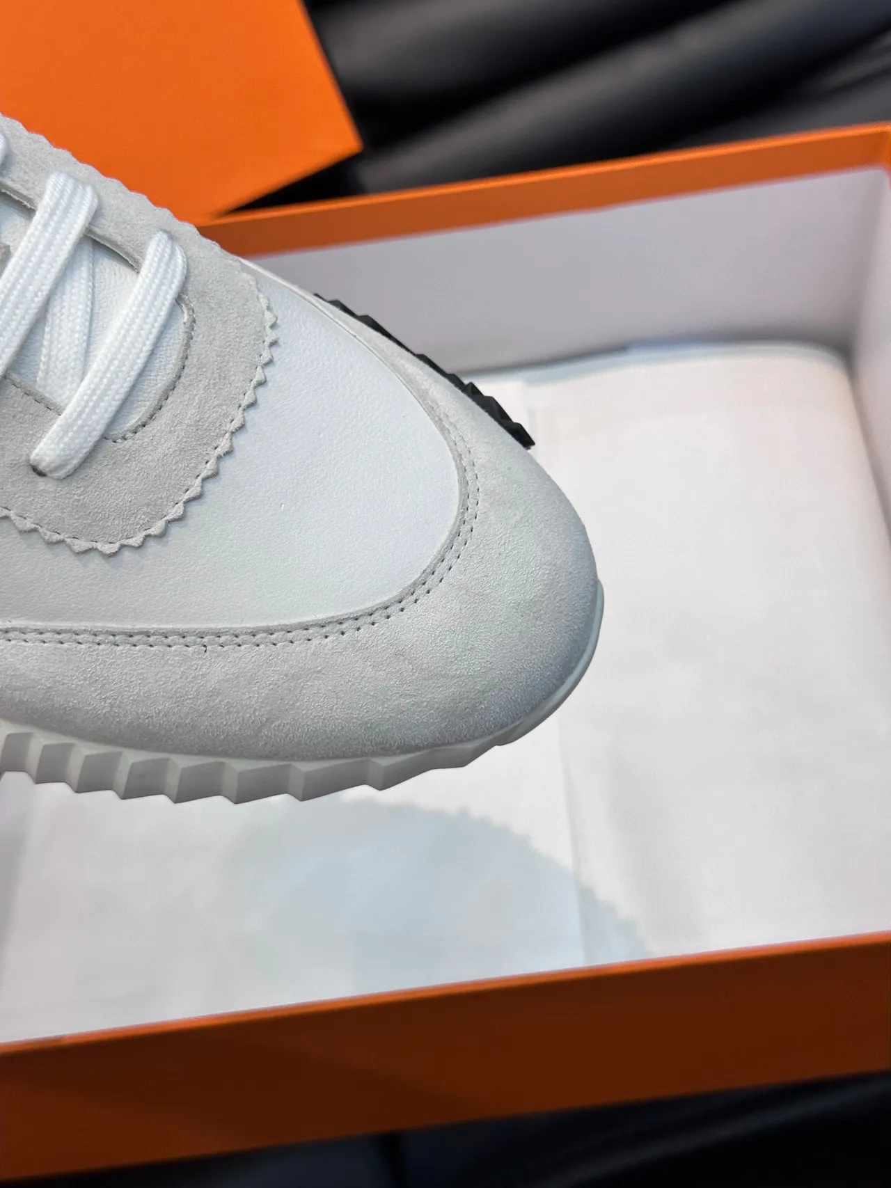 Hermès White Black Scalloped-Edge Panels Mixed Suede And Smooth Leather Lifestyle Sneakers 9