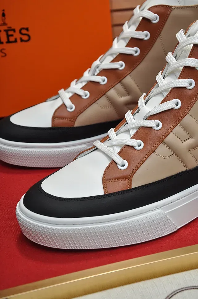 Hermès White Brown High-Top Leather-Panelled Sneakers 3