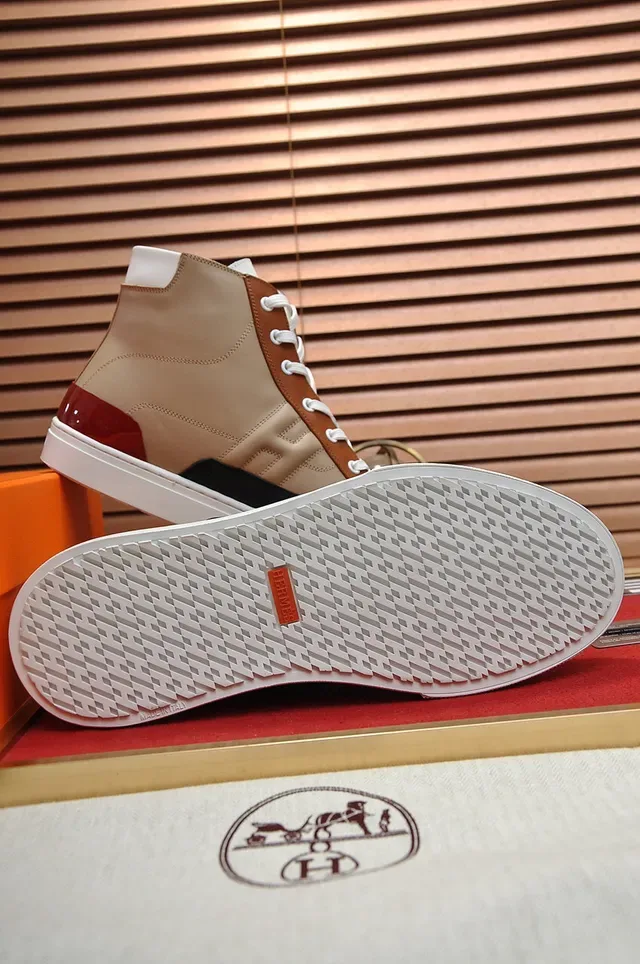 Hermès White Brown High-Top Leather-Panelled Sneakers 4