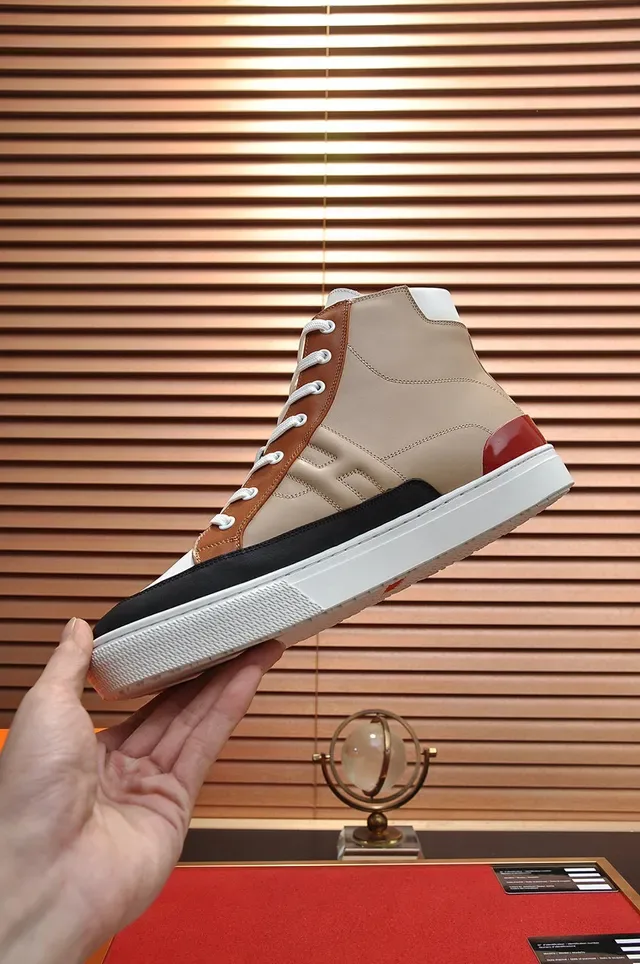 Hermès White Brown High-Top Leather-Panelled Sneakers 5