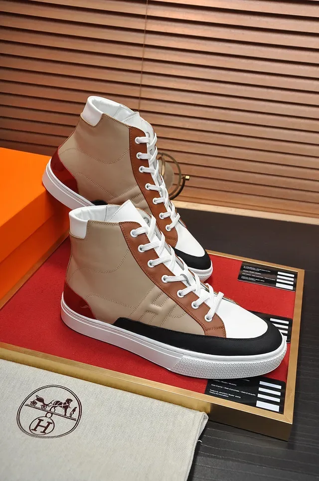 Hermès White Brown High-Top Leather-Panelled Sneakers 6