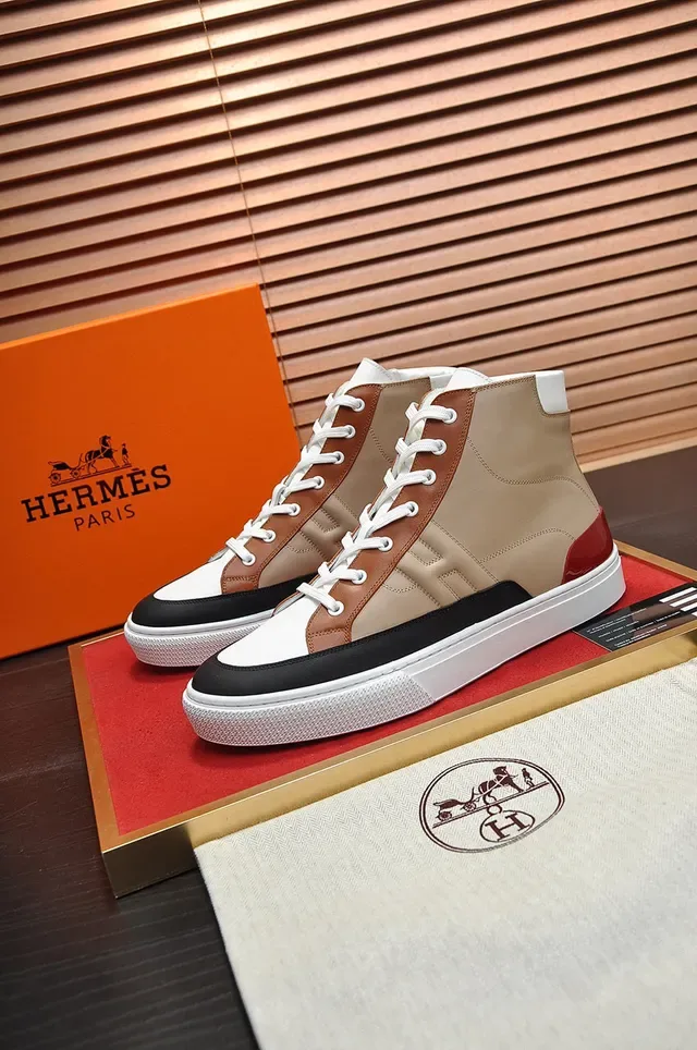 Hermès White Brown High-Top Leather-Panelled Sneakers 7