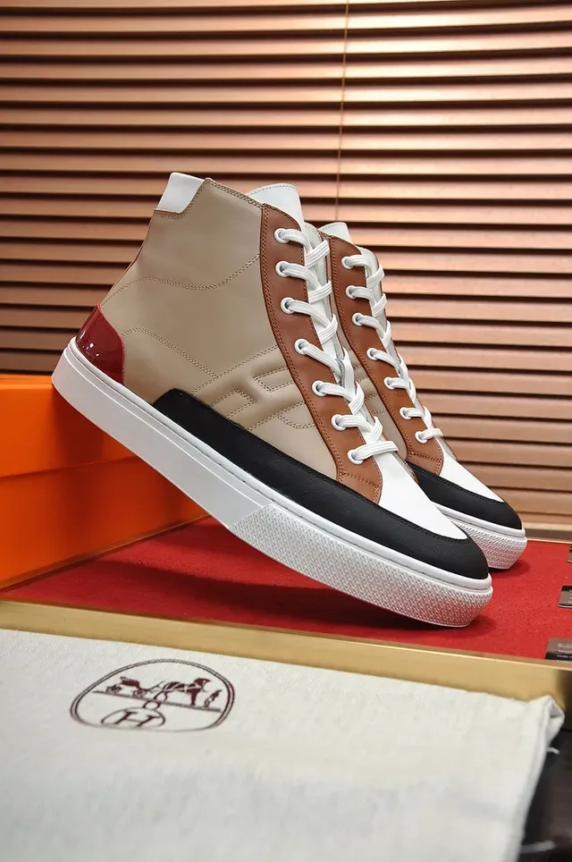 Hermès White Brown High-Top Leather-Panelled Sneakers 8