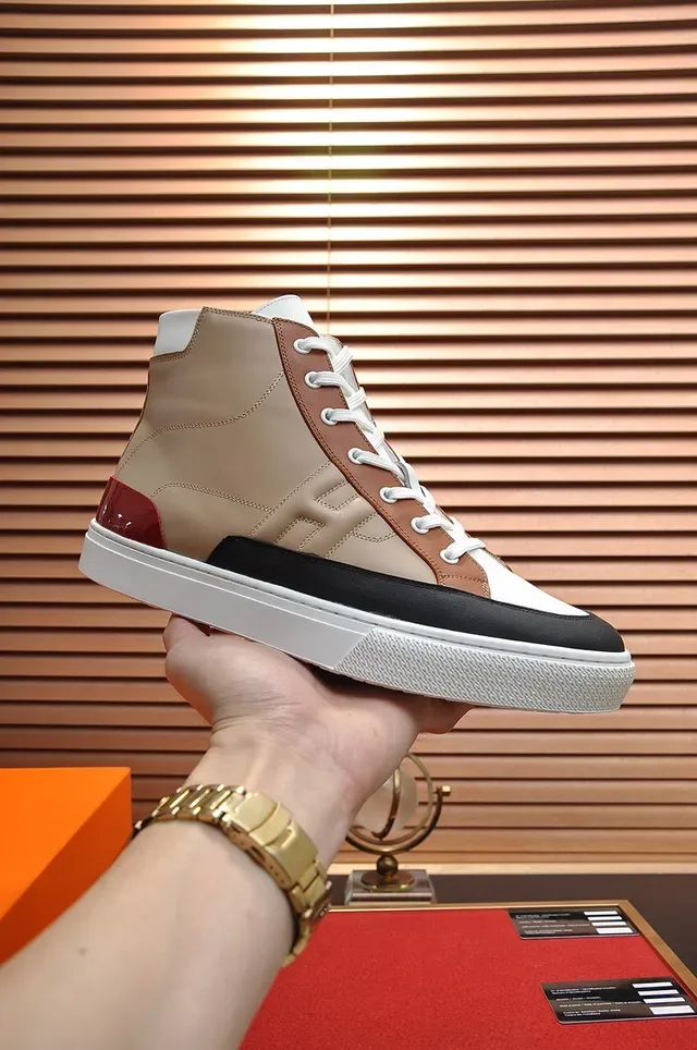 Hermès White Brown High-Top Leather-Panelled Sneakers 9