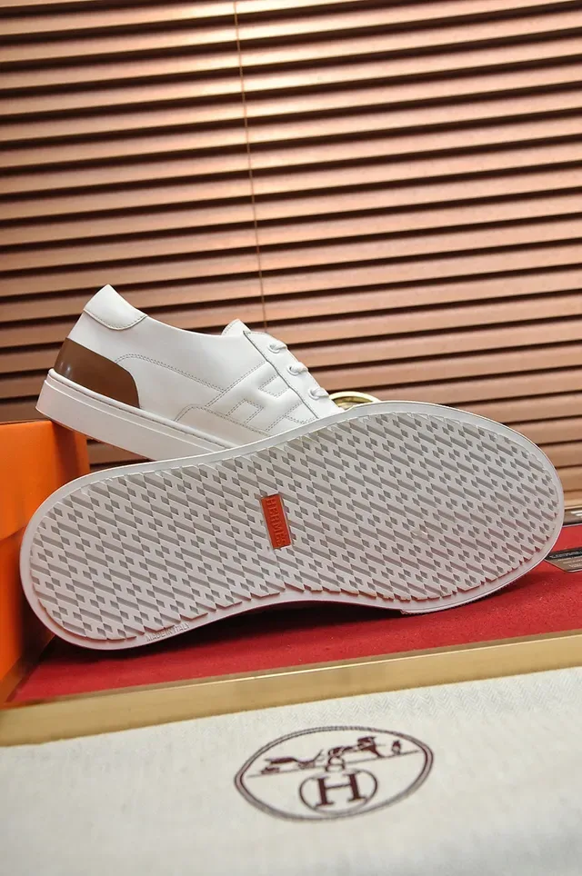Hermès White Brown Leather Low-Top Quilted H-Stitching Sneakers 5