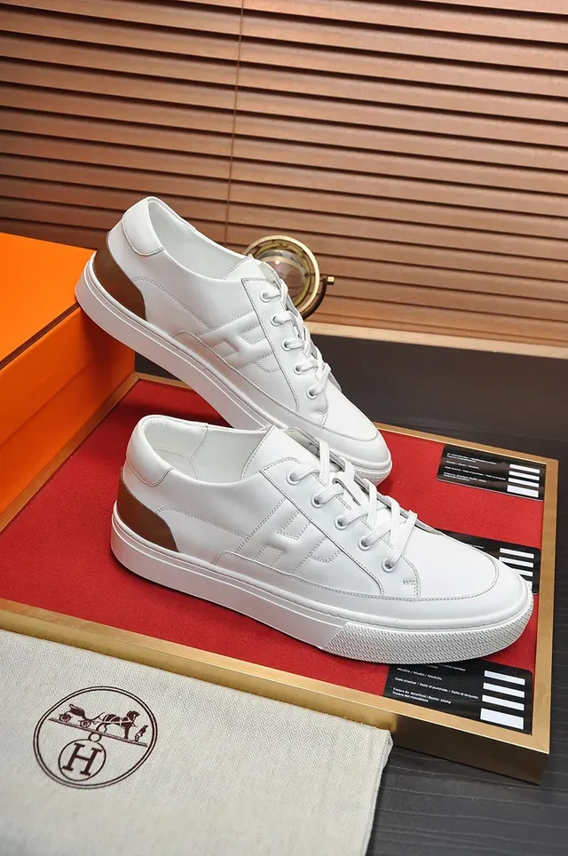 Hermès White Brown Leather Low-Top Quilted H-Stitching Sneakers 6