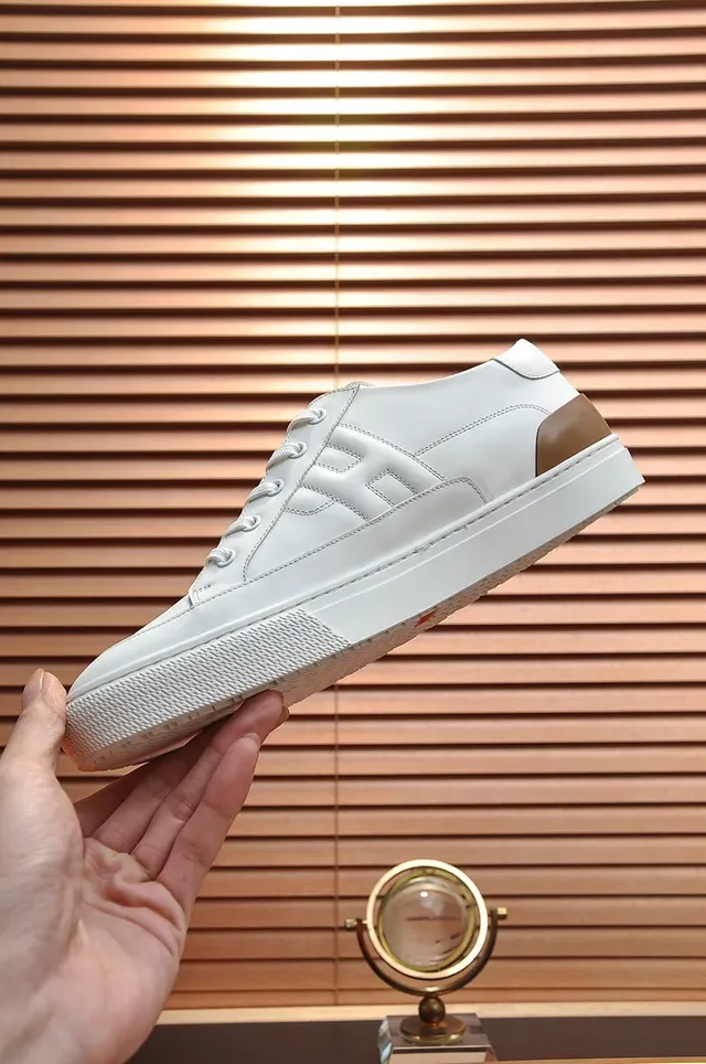 Hermès White Brown Leather Low-Top Quilted H-Stitching Sneakers 7