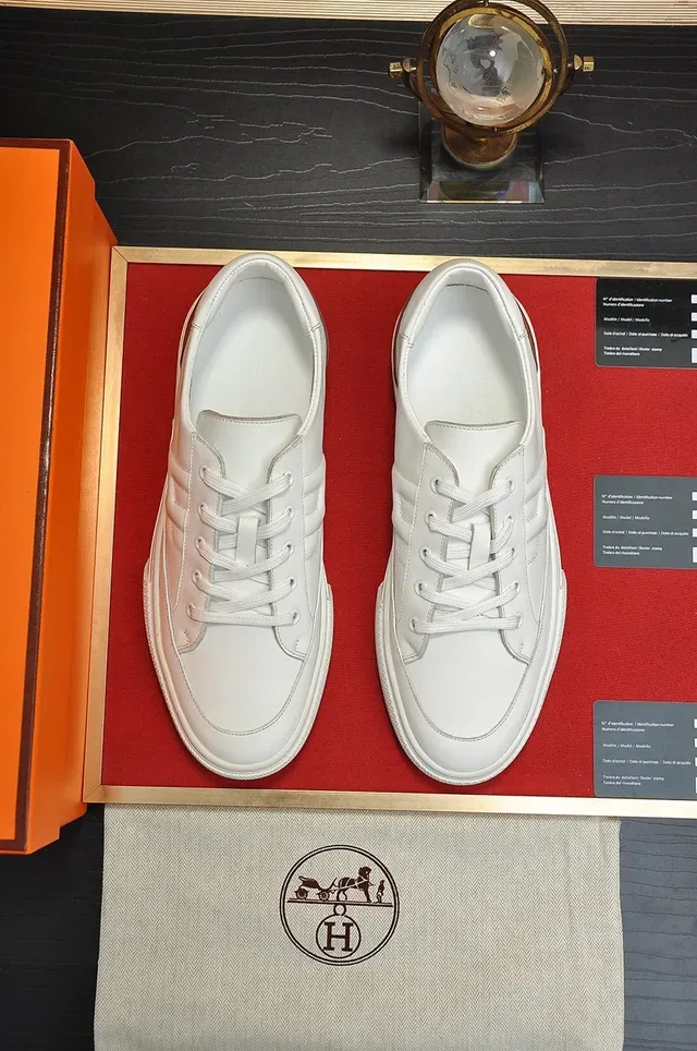 Hermès White Brown Leather Low-Top Quilted H-Stitching Sneakers 9