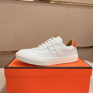 Hermès White Orange Leather Upper Stitched H Motif Lifestyle Sneakers