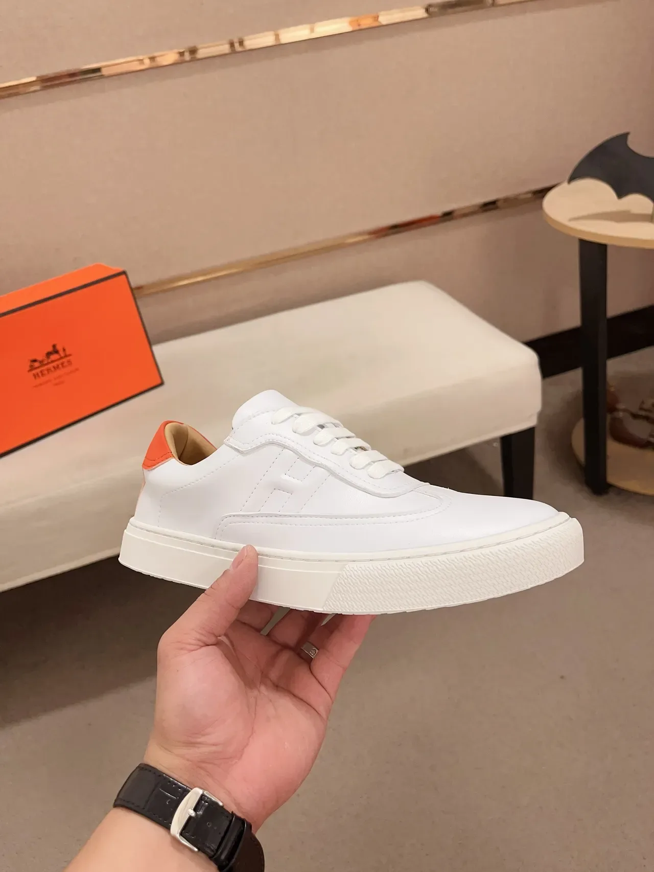 Hermès White Orange Leather Upper Stitched H Motif Lifestyle Sneakers 4