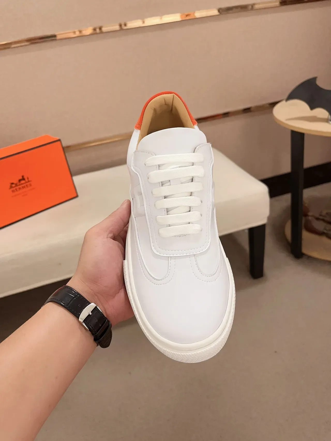Hermès White Orange Leather Upper Stitched H Motif Lifestyle Sneakers 5