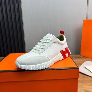 Hermès White Red Knit-Suede Hybrid Upper Sculpted Ridged Sole Lifestyle Sneakers
